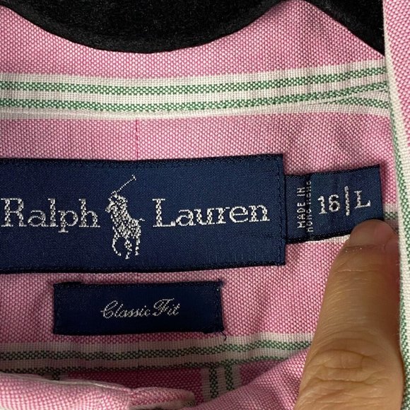 Ralph Lauren Button Down Shirt Long Sleeve Pink Stripe Cotton Classic Fit Large - Picture 4 of 9